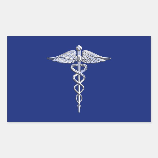 Chrome Style Caduceus Medical Symbol on Navy Blue Rectangular Sticker (Front)