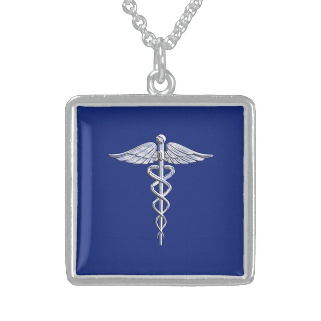 Chrome Style Caduceus Medical Symbol on Navy Blue Sterling Silver Necklace (Front)