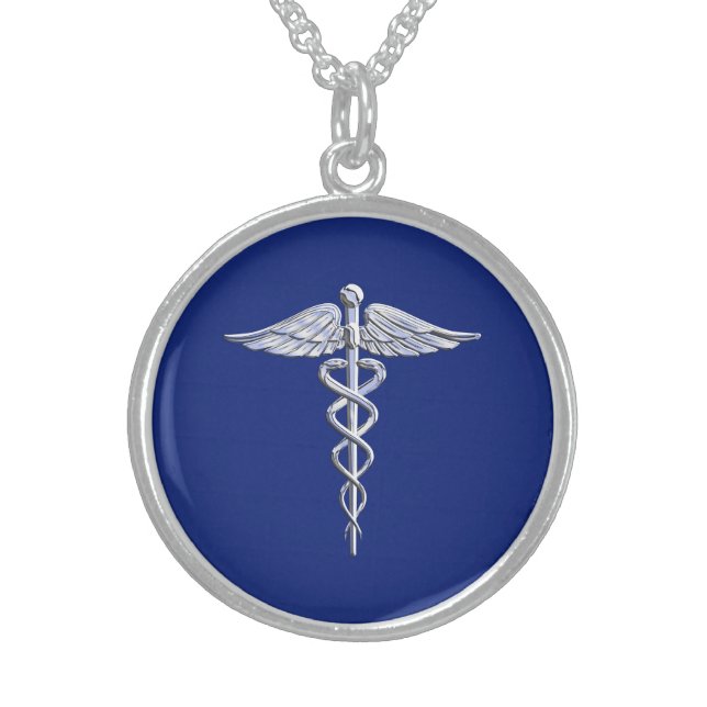 Chrome Style Caduceus Medical Symbol on Navy Blue Sterling Silver Necklace (Front)
