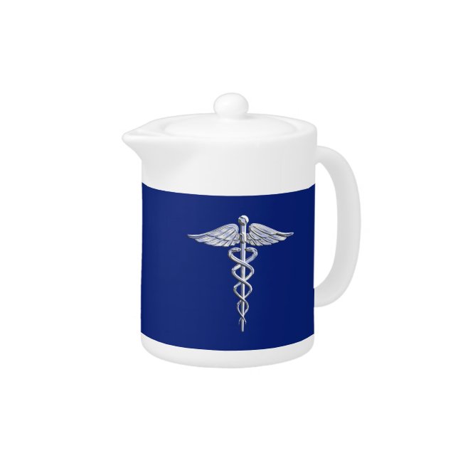 Chrome Style Caduceus Medical Symbol on Navy Blue Teapot (Right)