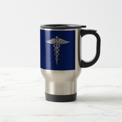 Chrome Style Caduceus Medical Symbol on Navy Blue Travel Mug