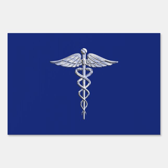 Chrome Style Caduceus Medical Symbol on Navy Blue Yard Sign (Front)