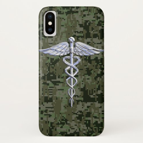 Chrome Style Caduceus Symbol on Green Camouflage iPhone XS Case
