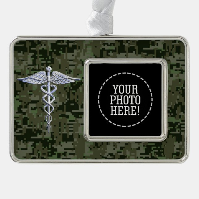 Chrome Style Caduceus Symbol on Green Camouflage Christmas Ornament (Front)