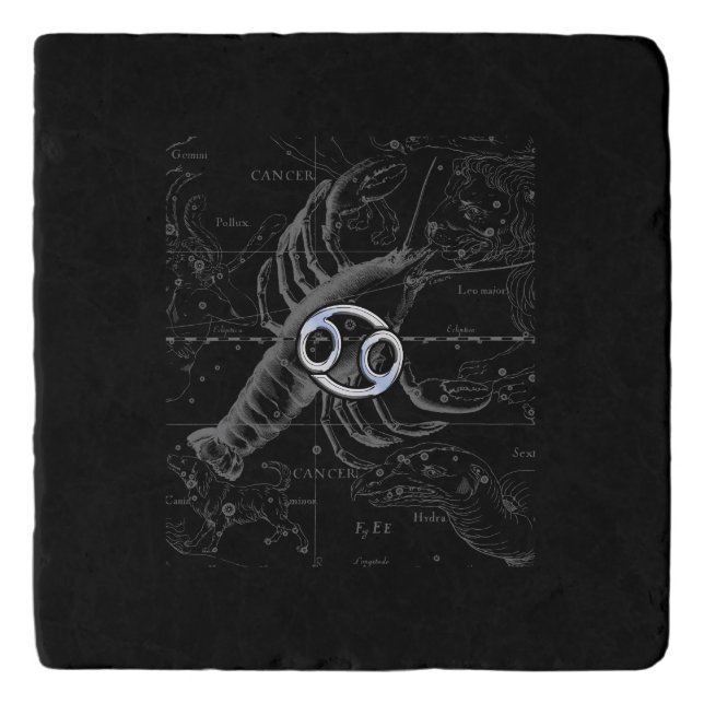 Chrome Style Cancer Zodiac Sign on Hevelius 1690 Trivet (Front)