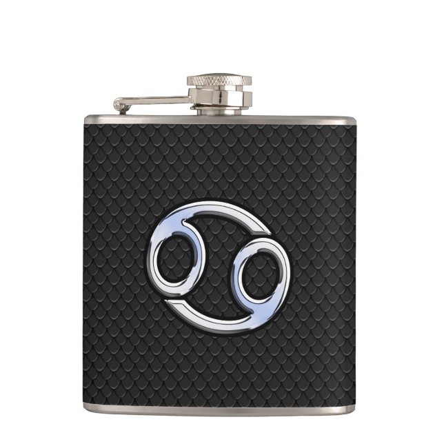 Chrome Style Cancer Zodiac Symbol Hip Flask (Front)