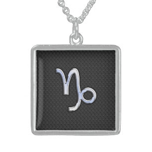 Chrome Style Capricorn Sign on Snake Skin Decor Sterling Silver Necklace