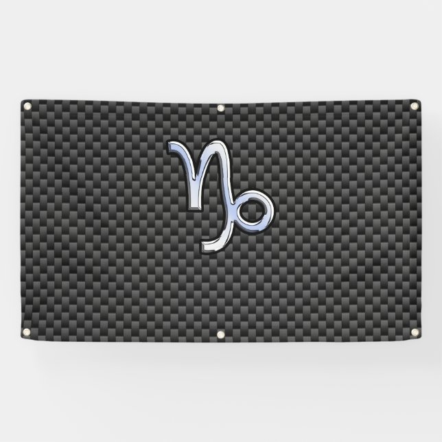 Chrome Style Capricorn Symbol on Carbon Fiber Banner (Horizontal)