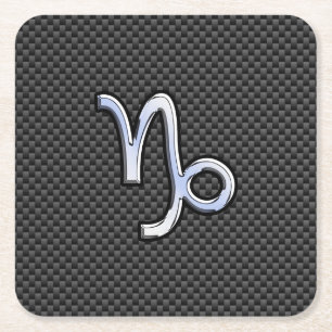 Chrome Style Capricorn Zodiac Sign on Carbon Fiber Square Paper Coaster