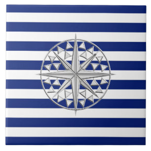 Chrome Style Compass on Nautical Stripes Ceramic Tile