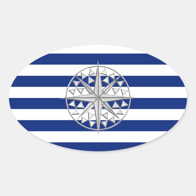 Chrome Style Compass on Nautical Stripes Oval Sticker (Front)