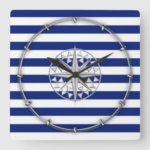 Chrome Style Compass on Nautical Stripes Square Wall Clock