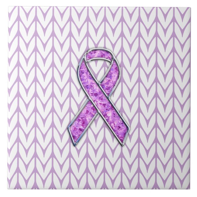Chrome Style Crystal Pink Ribbon Awareness Knit Ceramic Tile (Front)