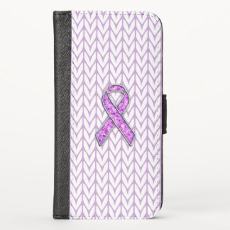 Chrome Style Crystal Pink Ribbon Awareness Knit iPhone X Wallet Case