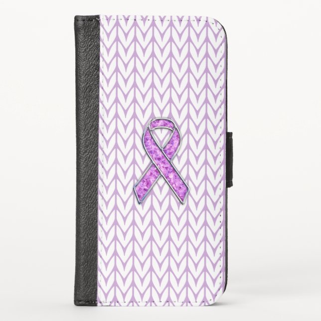 Chrome Style Crystal Pink Ribbon Awareness Knit iPhone Wallet Case (Front)