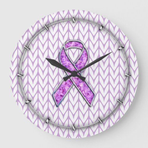 Chrome Style Crystal Pink Ribbon Awareness Knit Large Clock