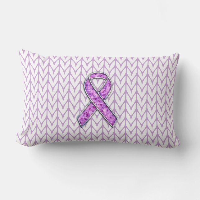 Chrome Style Crystal Pink Ribbon Awareness Knit Lumbar Pillow (Front)