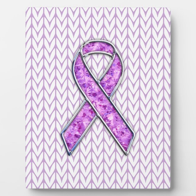 Chrome Style Crystal Pink Ribbon Awareness Knit Plaque (Front)