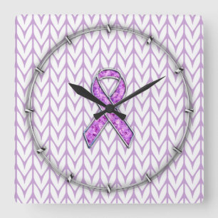 Chrome Style Crystal Pink Ribbon Awareness Knit Square Wall Clock