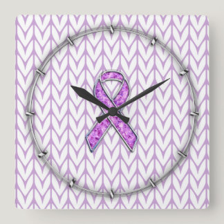 Chrome Style Crystal Pink Ribbon Awareness Knit Square Wall Clock