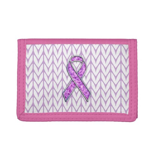 Chrome Style Crystal Pink Ribbon Awareness Knit Trifold Wallet