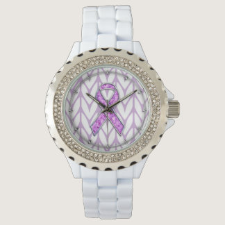 Chrome Style Crystal Pink Ribbon Awareness Knit Watch