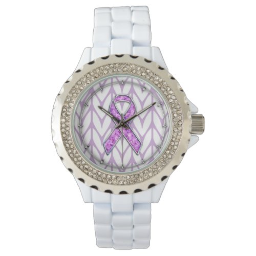 Chrome Style Crystal Pink Ribbon Awareness Knit Watch