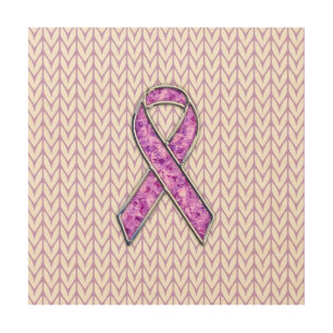 Chrome Style Crystal Pink Ribbon Awareness Knit Wood Wall Art