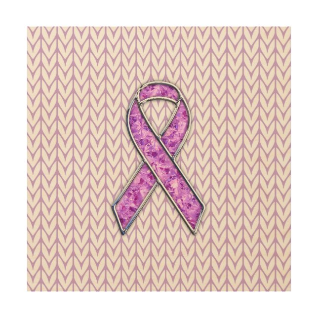 Chrome Style Crystal Pink Ribbon Awareness Knit Wood Wall Art (Front)