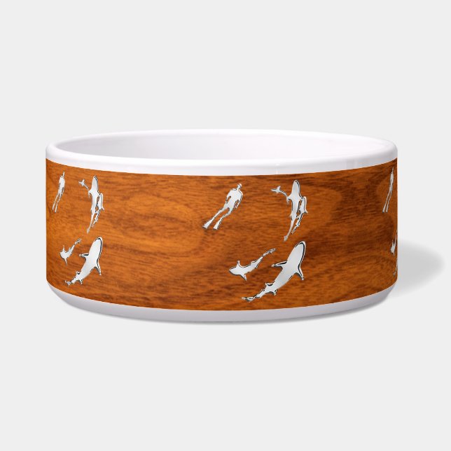Chrome Style Diver with Sharks on Teak Veneer Bowl (Left)