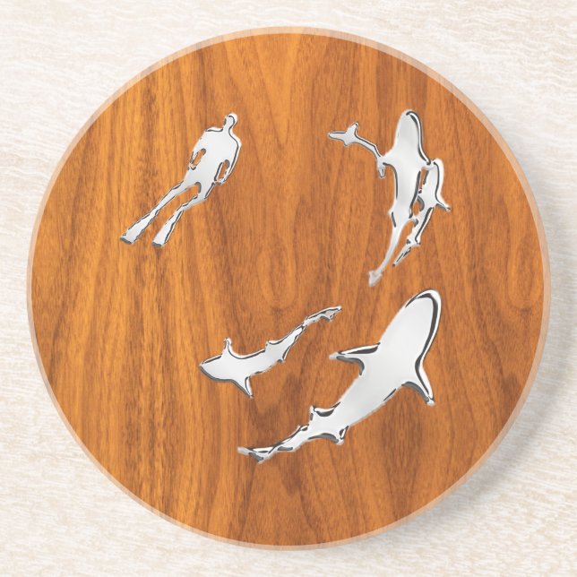 Chrome Style Diver with Sharks on Teak Veneer Coaster (Front)