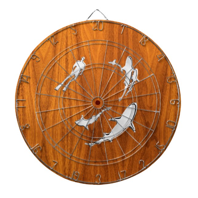 Chrome Style Diver with Sharks on Teak Veneer Dartboard With Darts (Front)