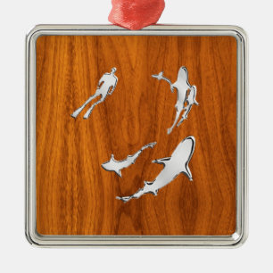 Chrome Style Diver with Sharks on Teak Veneer Metal Ornament