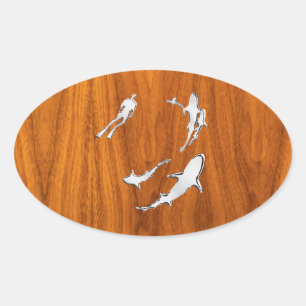 Chrome Style Diver with Sharks on Teak Veneer Oval Sticker