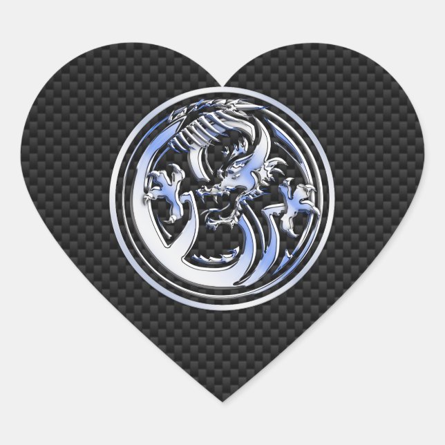 Chrome style Dragon badge on Carbon Fiber Print Heart Sticker (Front)