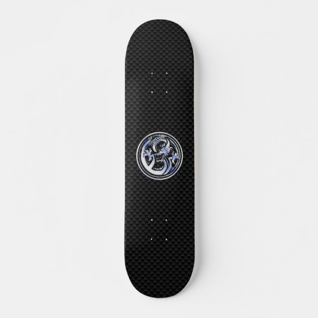 Chrome style Dragon badge on Carbon Fiber Print Skateboard (Front)