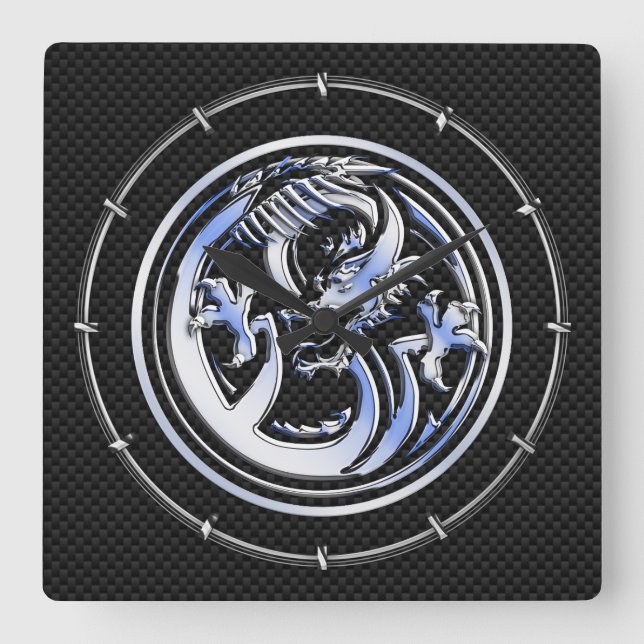 Chrome style Dragon badge on Carbon Fiber Print Square Wall Clock (Front)