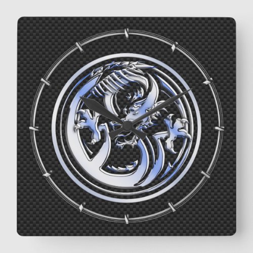 Chrome style Dragon badge on Carbon Fiber Print Square Wall Clock