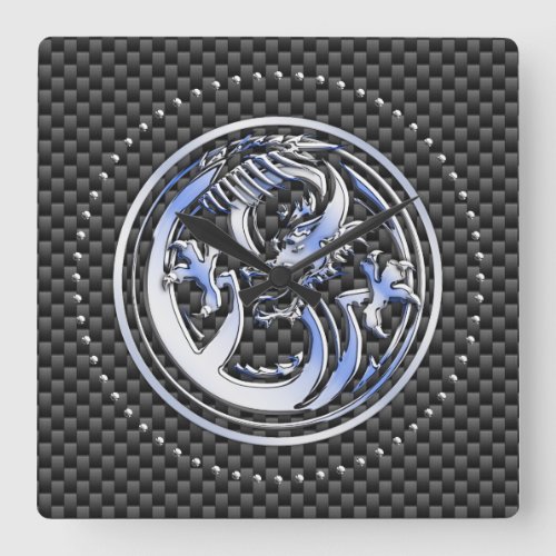 Chrome style Dragon badge on Carbon Fiber Print Square Wall Clock