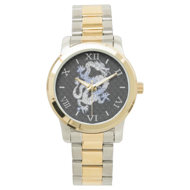 Chrome Style Dragon in Black Snake Skin Dial Watch (Front)