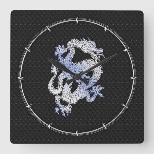 Chrome Style Dragon in Black Snake Skin Print Square Wall Clock
