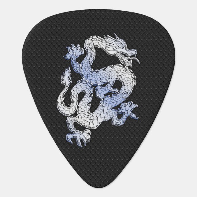Chrome Style Dragon on Black Snake Skin Print Guitar Pick (Front)