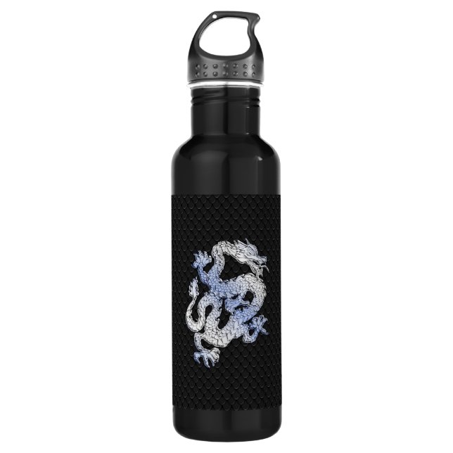 Chrome Style Dragon on Black Snake Skin Print Stainless Steel Water Bottle (Front)