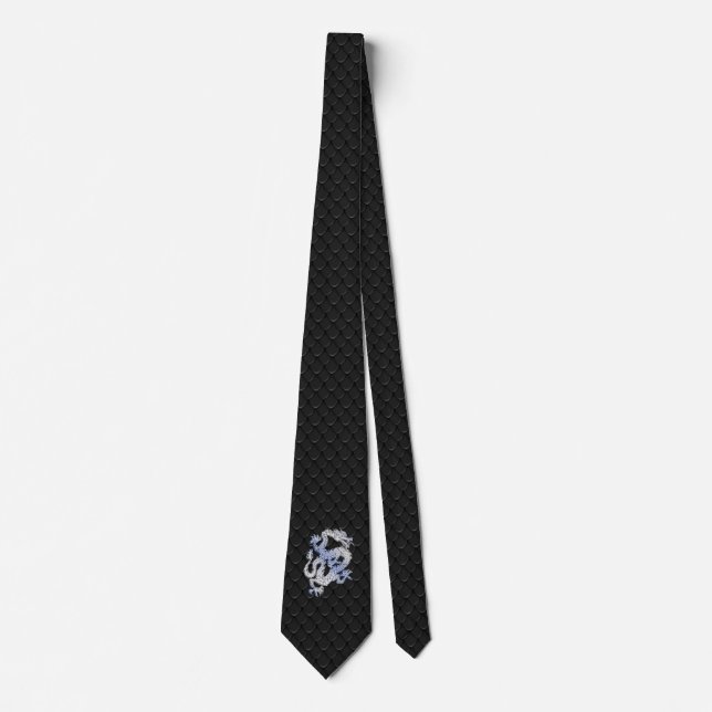 Chrome Style Dragon on Black Snake Skin Print Tie (Front)