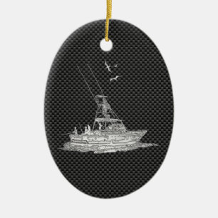 Chrome Style Fishing Boat on Carbon Fiber Ceramic Ornament