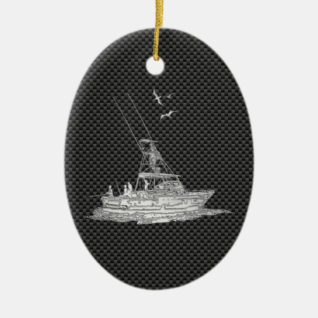 Chrome Style Fishing Boat on Carbon Fiber Ceramic Ornament (Front)