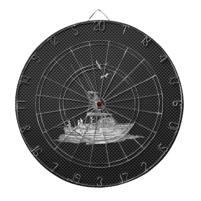Chrome Style Fishing Boat on Carbon Fiber Dartboard With Darts (Front)