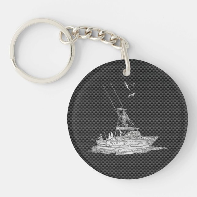 Chrome Style Fishing Boat on Carbon Fiber Keychain (Front)