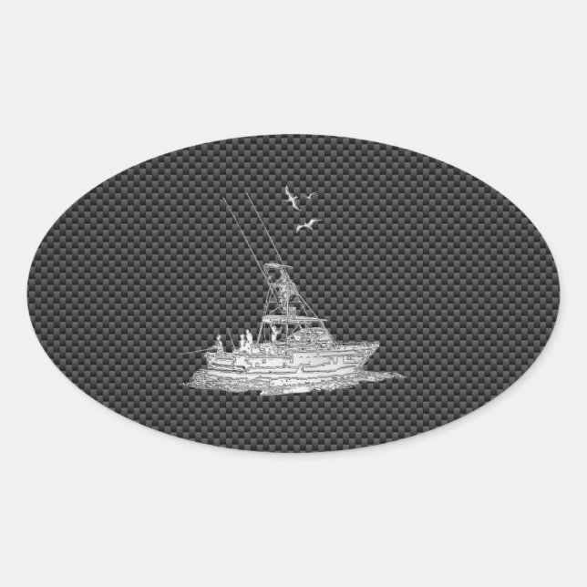 Chrome Style Fishing Boat on Carbon Fiber Oval Sticker (Front)