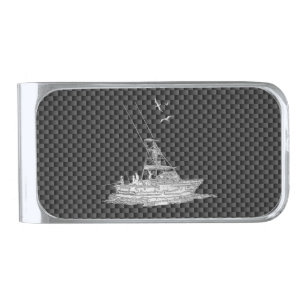 Chrome Style Fishing Boat on Carbon Fiber Silver Finish Money Clip